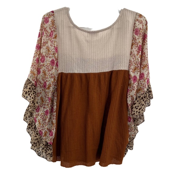 Umgee M waffle knit floral leopard ruffle flutter sleeve leopard casual boho - Picture 5 of 8